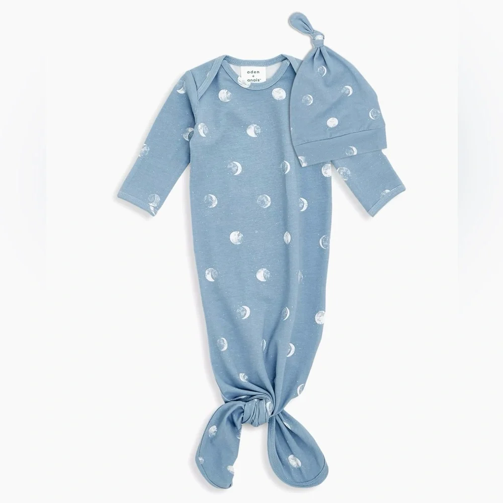 aden + anais Moon Print Knotted Gown & Hat Set Baby 0-3M Blue